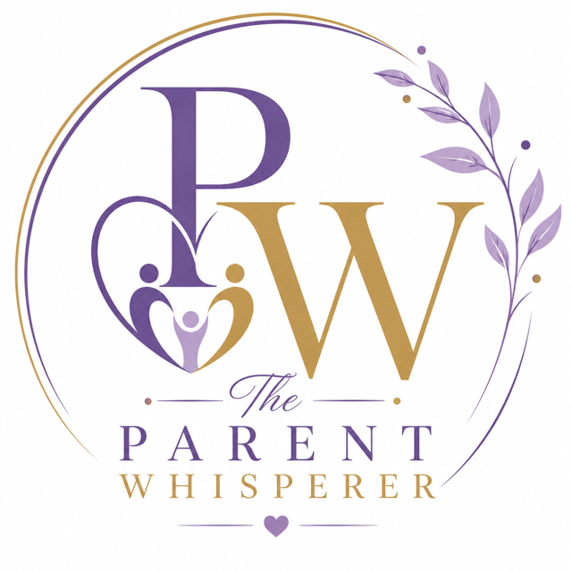 The Parent Whisperer logo with purple and gold initials, a heart, and a family icon